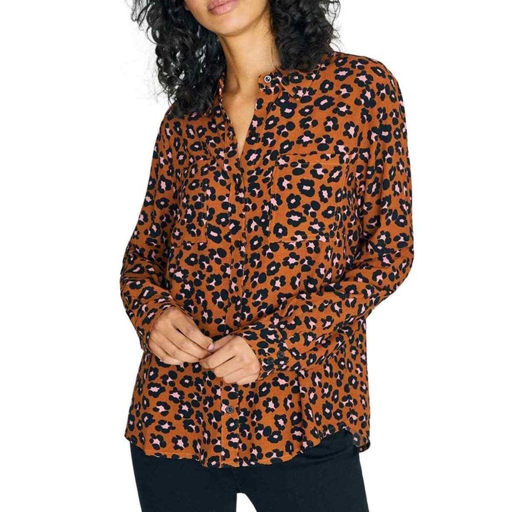 Sanctuary Leopard Black Brown Pink Button Down Collar Shirt Blouse Sz M